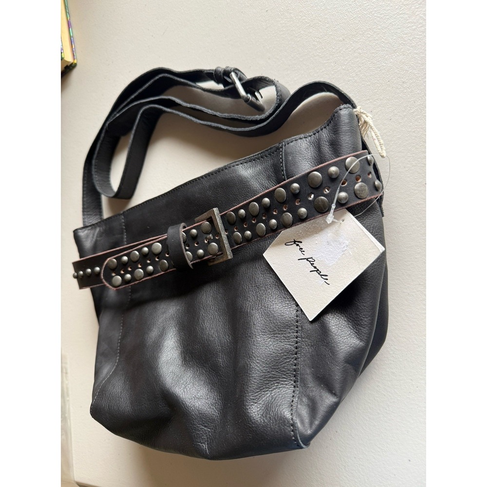NWT Free People Embellished Studded Leather Bucket Crossbody Bag Black - Picture 6 of 14